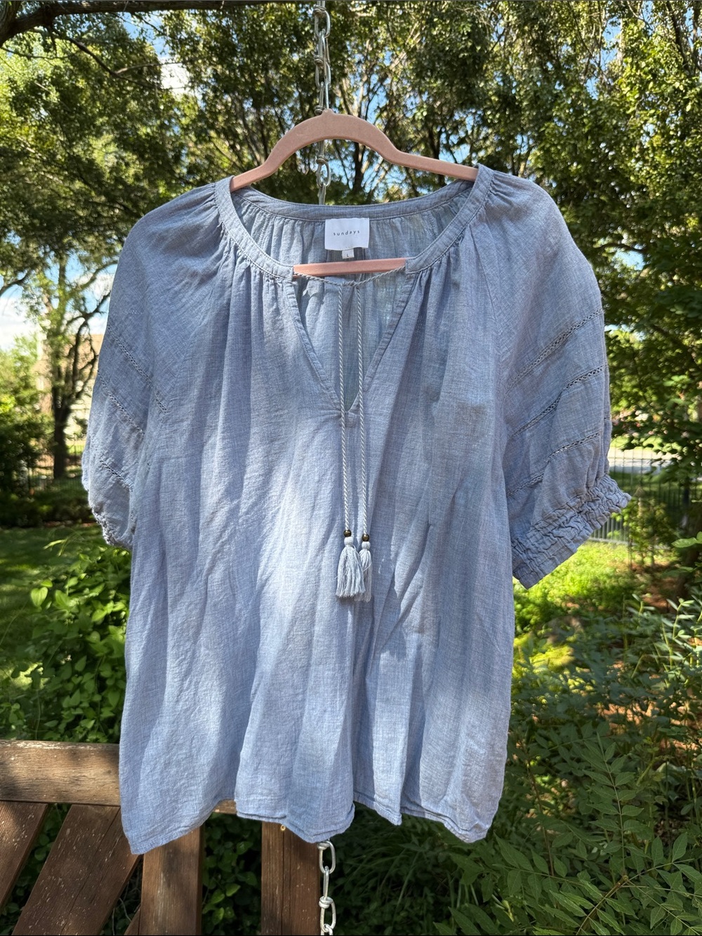 We Are Sundays Chambray Peasant Blouse with Tassel Tie